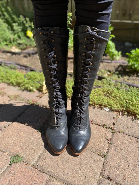 Shoes - Black Lace-Up Mid-Heel Riding Boots - Women